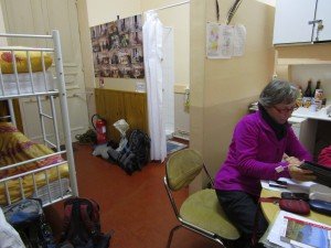  Our pilgrim shelter at night in Saint Révérien. Lookout on shower 